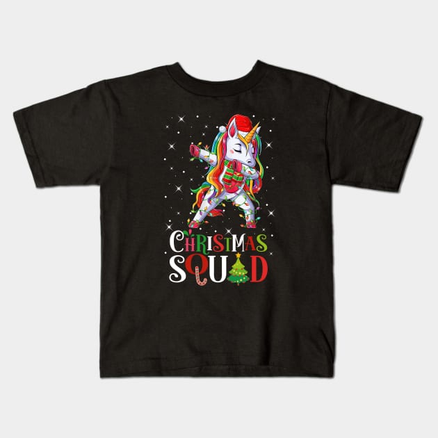 Christmas Squad Rainbow Dabbing Unicorn Funny Xmas Lights Kids T-Shirt by springins